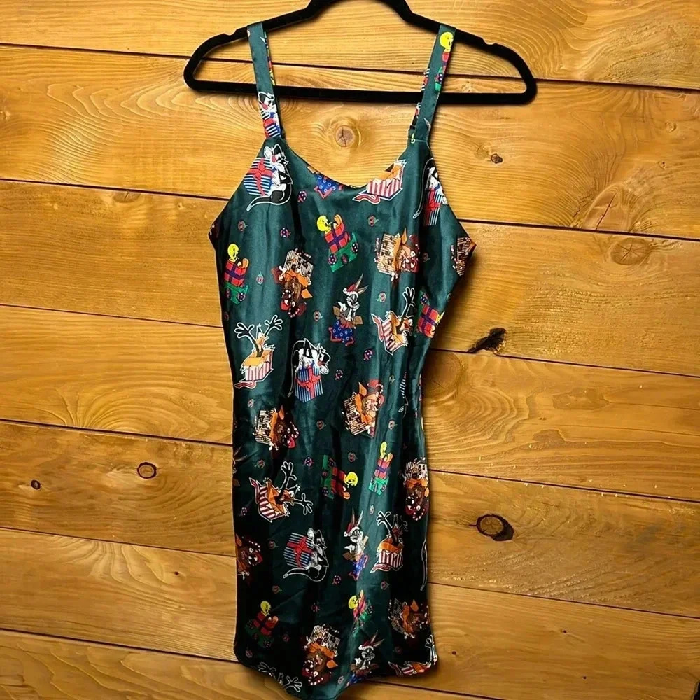 VINTAGE Looney Tunes Christmas Nightgown Sleep Dress Green Polyester Women's S